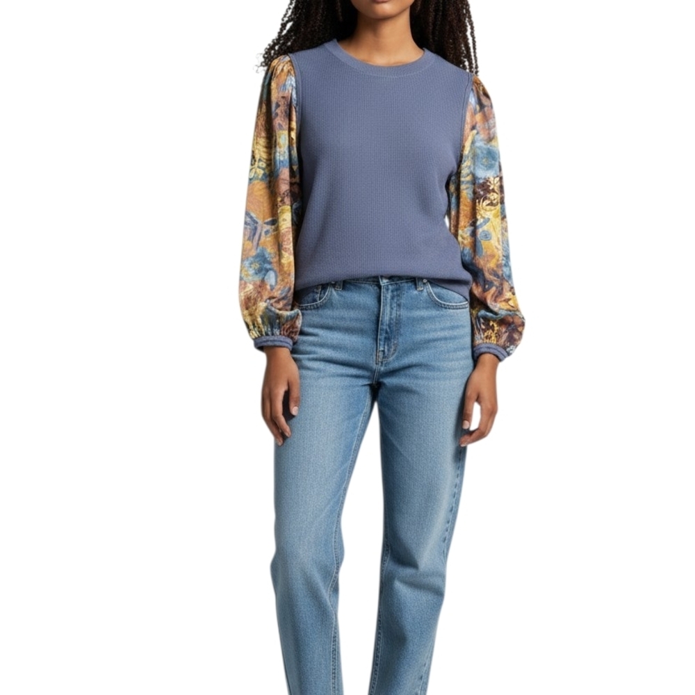 Antropologie Current Air Slate Blue Floral Sleeve Knit Crewneck Top Sz Small